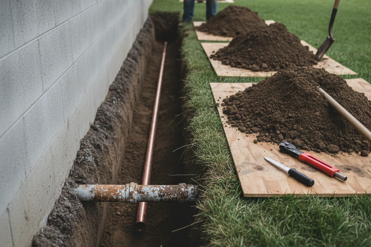 Excavated water line trench during Sewer Line Repair in Chadwicks